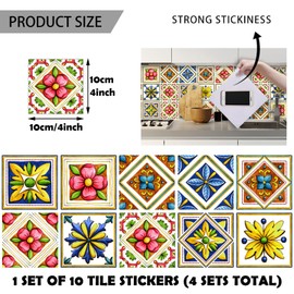 DKDDSSS 40 Sheets Tile Stickers Victorian Moroccan Mosaic Style, Tile Stickers Kitchen, Peel and Stick Tile Stickers, Retro Style DIY Home Decor for Kitchen Bathroom (10cm x 10cm, 4x4 inches)