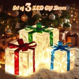 Joyoldelf Light up Present Boxes Christmas - 3 Christmas Light Gift Boxes, 60 LED Lighted Snowflake Christmas Tree Present Boxes, Gift Boxes Christmas Decorations for Christmas Tree
