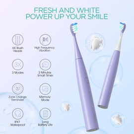 VOYOR-HEALTH Electric Toothbrush for Adults, Rechargeable Toothbrush with 6 Brush Heads, Smart Timer Sonic Electric Tooth Brush for Ultra Cleaning, Fast Charge Power Toothbrush ET110 (Purple)