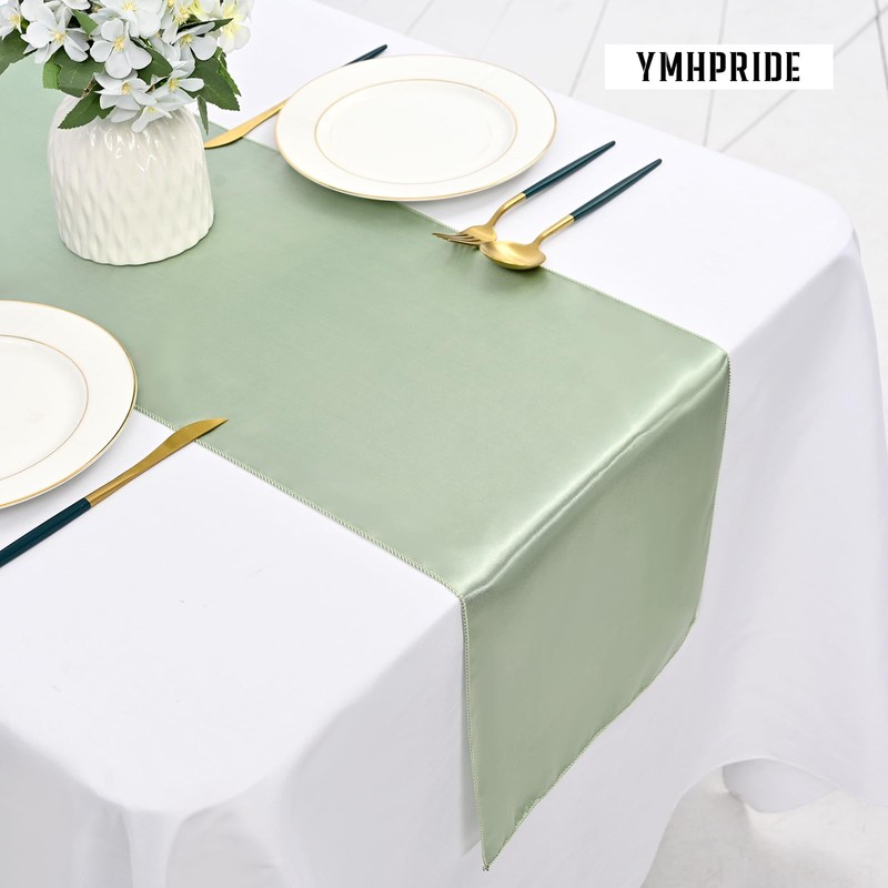 YMHPRIDE 10 Pack Sage Green Table Runner Satin Table Runner,