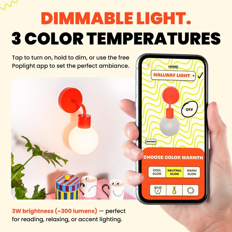 Poplight Wireless Wall Sconce (Shark Tank) Rechargeable & Dimmable LED