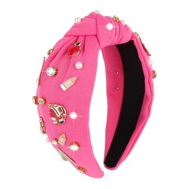 Brimekichio Teacher Headband Hot Pink Knotted Back to School Headband Rhinestone Pearl Embellished Teacher Accessories for Women Gift