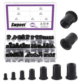 Swpeet 180 Pieces 7 Sizes Metric Rivet Nuts Kit, M3 M4 M5 M6 M8 M10 M12 Rivet Nut, Metric Black Galvanised Carbon Steel Rivet Nut Inserts Kit, Flat Head with Threaded Insert Nut Assort