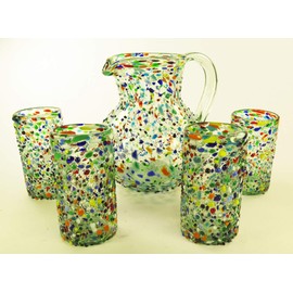 Mexican Glass Pebble Confetti Pitcher and Tumblers, set of 5