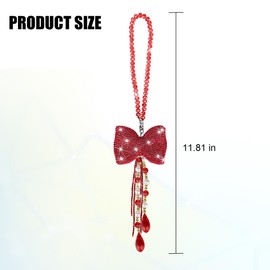 Sandfren Bling Bow Car Rear View Mirror Pendant, Cute Crystal Rhinestone Vehicle Rearview Mirror Hanging Ornament, Diamond Auto Interior Decoration Charms, Universal for Truck SUV Sedan (Red)
