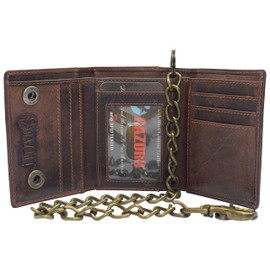 CAZORO RFID Blocking Men's Tri-fold Vintage Biker Vintage Buffalo Leather Steel Chain Wallet Snap closure (Brown)