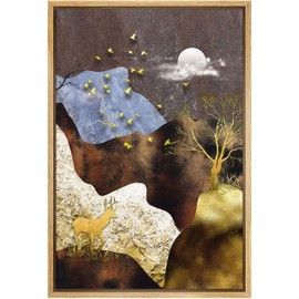 SIGNWIN Framed Canvas Print Wall Art Gold Granite Mountain Forest with Deer Nature Wilderness Digital Art Modern Chic Scenic Colorful Multicolor for Living Room, Bedroom, Office - 24"x36" Natural