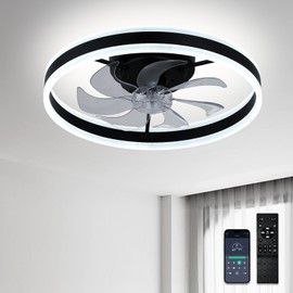 diisunbihuo Low Profile Ceiling Fans with Lights and Remote,20" Flush Mount Fandelier Dimmable LED Fan Light Black Bladeless Ceiling Fans with Lights for Bedroom, Kids Room and Living Room