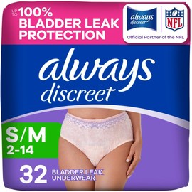 Always Discreet Adult Diapers for Women, Incontinence Underwear, Postpartum Essentials, Disposable Briefs, Max Absorbency, Bladder Leak Protection, Small/Medium, 32ct