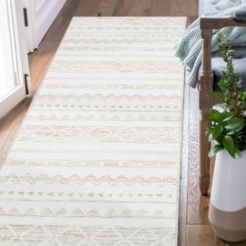 COLLACT Runner Rug 2x5 - Hallway Runner Rug Boho Farmhouse Washable Rug Modern Geometric Rug Non Slip Rug Moroccan Rug for Kitchen Bedroom Bathroom Laundry Room Doorway Outdoor (Teal Taupe on Beige