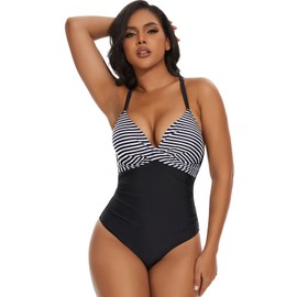 SHAPERIN Women's One Piece Swimsuits Tummy Control High Waisted Bathing Suits Padded Push Up Shapewear Swimwear Monokini, #2-striped, XX-Large