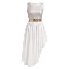 IBAKOM Praise Dance Dress for Women Metallic Tank Top Shiny Sequins Waist Chiffon Skirt Worship Overlay and Tunic Adult Lyrical Contemporary Dance Costume Liturgical Dancewear White M