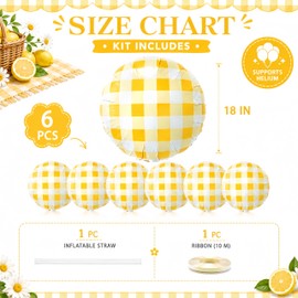 6Pcs Yellow Gingham Balloons/18 Inch Yellow Checkered Plaid Foil Balloons for Lemonade Stand Party/Summer Picnic/Garden Party/Cottagecore Bridal Shower/Baby Shower/Fall Harvest Thanksgiving