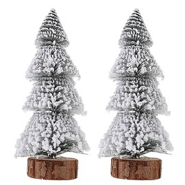 Cabilock Pack of 2 Miniature Christmas Tree, Mini Christmas Tree, Artificial Christmas Tree, 20 cm, Small Pine Tree with Wooden Base, Snow Effect for Christmas Party, Table Decoration, Gift