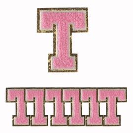 6 parches para planchar con letras, parches dorados con purpurina y chenilla rosa, parches bordados decorativos para coser personalizados para ropa, sombreros, camisas, zapatos, jeans, bolsos, letra T