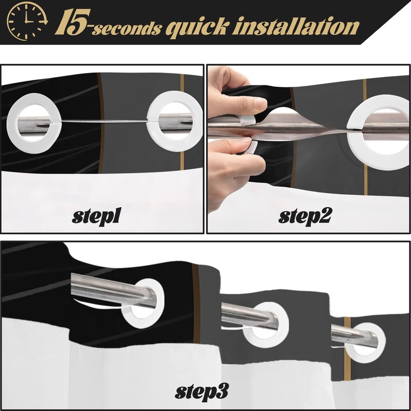 DLTAY Black and Gold Hookless Shower Curtain with Snap in