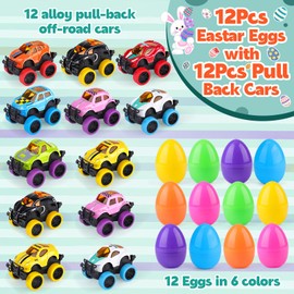 nicknack 12Pcs Prefilled Easter Eggs with Alloy Monster Trucks for Kids Easter Eggs Filled with Pull Back Monster Cars for Easter Egg Hunt Easter Basket Stuffers Cars for Girl Boys Kids Party Favor