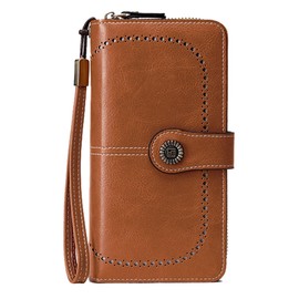 BYWAUQI Wallets for Women Leather Large Capacity Credit Card Holder for Women with Wristlet Zipper Pocket ID Window(brown)