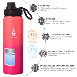 Farsea Insulated Water Bottle With Paracord Handle, Protective Silicone Boot and 2 Lids (Straw Lid & Spout Lid), Stainless Steel Water Bottle Wide Mouth, Double Wall Sweat-Proof BPA-Free, 24 oz