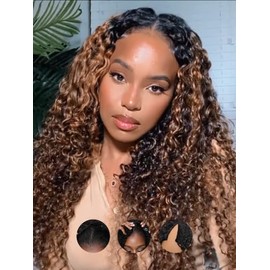 Sunber EasiContour V Part Human Hair Highlight Ombre Brown Curly Glueless Wig 180% Density Upgrade Vpart Wigs No Leave Out No Gel V Shape Clip Wigs No Sew in Ready to Go Beginner Friendly 20Inch