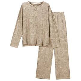 Ekouaer Womens Ribbed Knit Lounge Set Long Sleeve Henley Neck Top and Long Pants Two Piece Soft Sleepwear with Pockets Beige