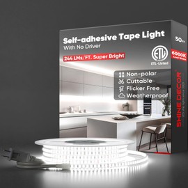 Shine Decor Adhesive LED Strip Light 12000 Lumens Super Bright, IP65 Waterproof Outdoor Lighting Strip Without Driver, Indoor Non-flicker Tape Light 6000K Cool White, 50 FT 120V 3.9" Easy Cuttable ETL