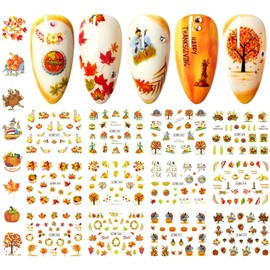 12 Sheets Fall Nail Art Stickers Thanksgiving Nail Decals Water Transfer Foils Maple Leaf Pumpkin Turkey Autumn Nail Stickers for Women Girls Kids DIY Fingernail Toenail Decoration Manicure