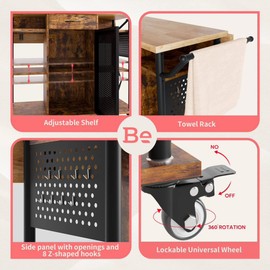 Bestier Rolling Kitchen Utility Cart with Collapsible Surface Extender, 6 Shelves, 1 Cabinet, 1 Drawer, Dual Side Handles, & Hanging Peg Holes, Brown