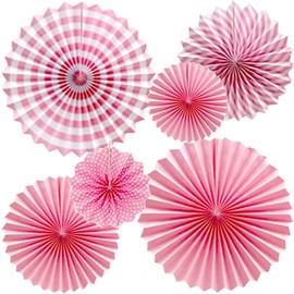 Ruidee 6Pcs Hanging Paper Fan Decorations, Colorful Fans for Parties, Carnivals, and Birthdays (Pink)
