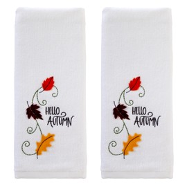 SKL Home Fall/Harvest Hello Autumn Leaves 3D Hand Towel 2pc Set for Bath/Kitchen/Bar & Gift, White