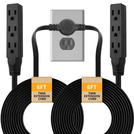 Makevivi Twin Extension-Cord Power Strip - 12 ft - Flat Plug Extension Cord - 3 Prong Split Extension Cord with 6 Outlets - Double Extension Cord for Behind Bed, Couch, Nightstands, Vanity, Furniture