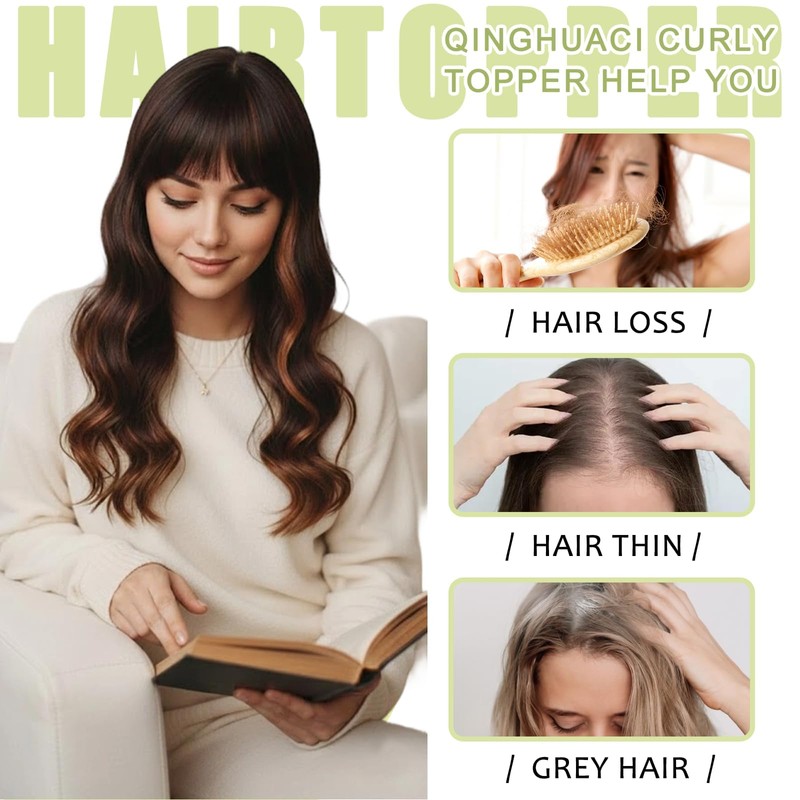Hair Topper 18 Inch Synthetic Curly Wavy Clip in Bangs(#1B)