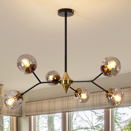 Tealight Modern Sputnik Chandeliers for Dining Room, 6 Light Sputnik Ceiling Light Fixture with Glass Globes, Black and Gold Pendant Light Fixture for Kitchen Island, Foyer, Living Room