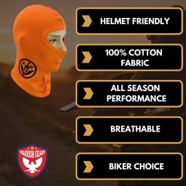 warrior gears 100% Cotton Balaclavas for Kids Balaclava Unisex Ski Face Mask Hood Women Cycling Balaclava for Boys and Girls, Men's Motorcycle Driving Balaclavas One Size - Orange