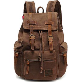 HuaChen Vintage Travel Canvas Leather Backpack,17" Laptop Backpacks Rucksack,Shoulder Camping Hiking Backpacks School Bag Bookbag for Men Women AUGUR (M32_Coffee_Large)