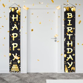 Classicseali Birthday Door Banner - Black & Gold Happy Birthday Banner - Birth day Door Banners for Men, Black Gold Porch Sign Party Supplies