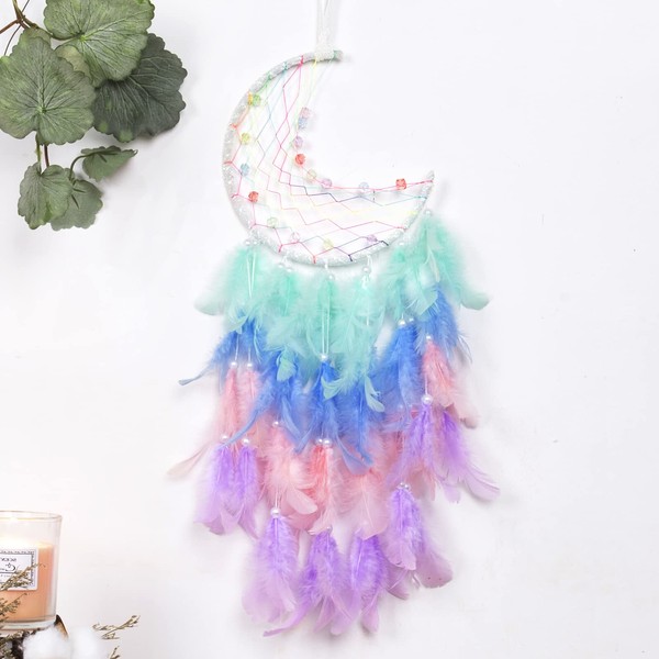 TEESHLY Moon Dream Catcher - Handmade Crescent Design Dreamcatchers for Room Wall Decor, Feather Hanging Boho Ornament for Home Decoration Festival Gift (Colorful Candy)