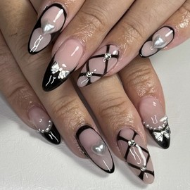 Black French tips Press on Nails Medium Almond Fake Nails with Pearl Heart Design Silver Bow Glue on Nails Rhinestone Stick on Nails Reusable Glossy Artificial False Nails for Women Girls Manicure