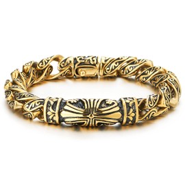 COOLSTEELANDBEYOND Tribal Gold and Black Color Mens Steel Cross Charm Link Chain Bracelet with Spring Clasp, 8.7 Inches