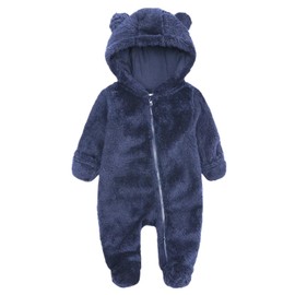 CHAOJIESI Unisex Baby Fleece Snowsuits 0-12 Months Toddlers Cute Bear Jumpsuits Winter Hooded Rompers with Zipper Navy 3-6M