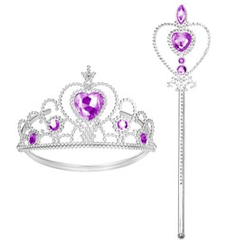 Cocojeci Tiara for Little Girls Princess Crown, Princess Dress Up Tiara and Wand Birthday Crown for Girls 3-6 Kids Play Jewelry (Heart Purple Wand, 2)