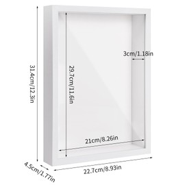 3D Shadow Box A4, 22.7x31.4 cm Deep Box Photo Frame for Tabletop and Wall, Wooden 3D Picture Frame Display Box for Crafts Memorabilia Flower Tickets Medal (White 3CM)