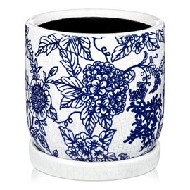 Blue and White Ceramic Planters, Ceramic Flower Pots with Drainage Hole & Saucer, Vintage Cracked Glaze Ceramics Plant Pots for Succulents, Herbs, Orchids, Home, Office, Garden, Tabletop, Shelf Decor