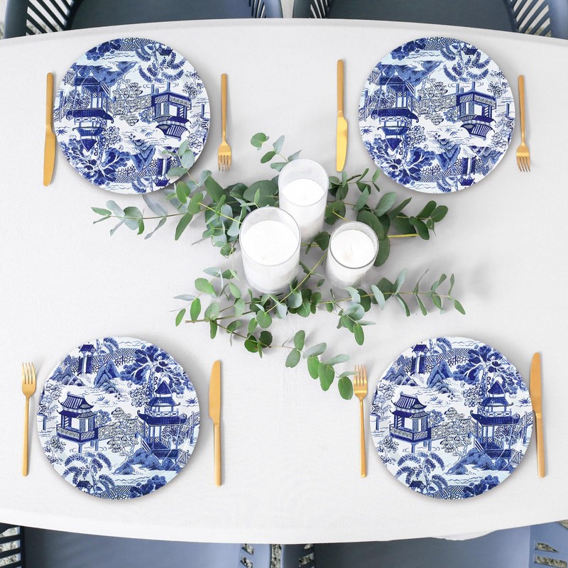 JarThenaAMCS Blue White Tuscan Paper Plates Chinoiserie Disposable Plates Round