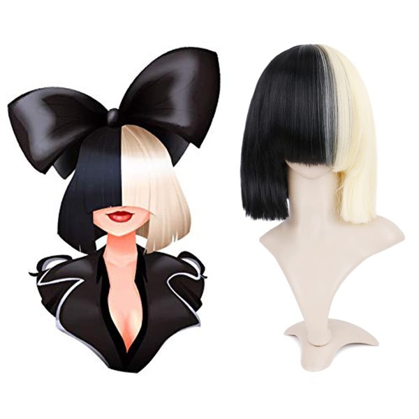 Creamily Straight Half Blonde and Half Black 2-Tone Color Synthetic Hair Cosplay Party Wig Daily Use Wig for Women Girls