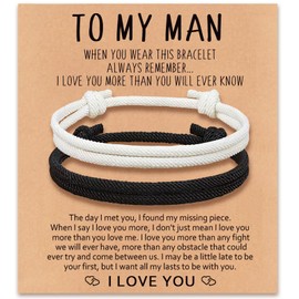 Matching Adjustable Rope Bracelet for Couples, Husband Bracelet Anniversary Valentines Day Birthday Christmas Gift for Him and Her (To My Man)