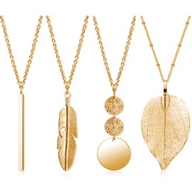 Set of 4 Long Pendant Necklaces for Women, Fashion Pendant Necklace Jewellery Long Sweater Necklaces Set Silver Bar Feather Circle Leaf Lock Tassel Y Necklace Jewellery Set Statement Necklace (Gold),