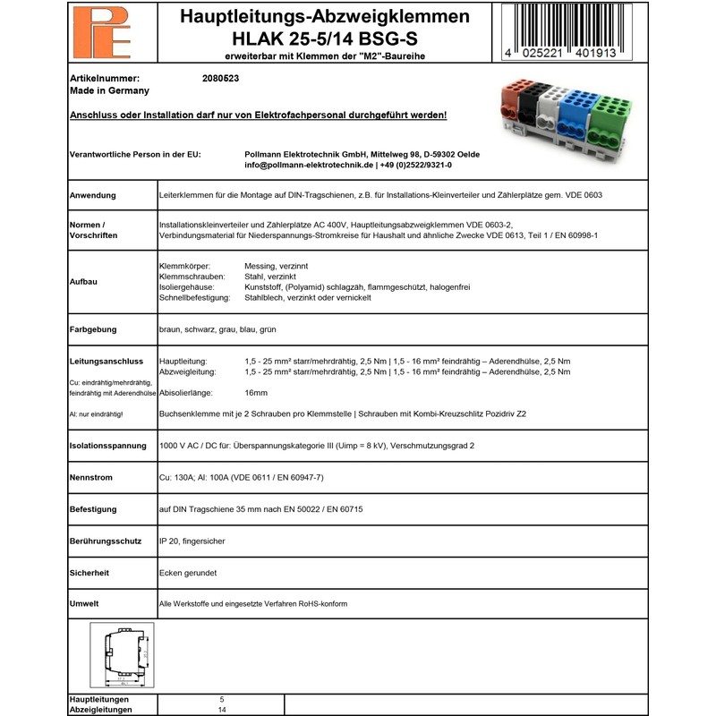 Pollmann Main Cable Junction Terminal HLAK 25-5/14 BSG-S, Pack of