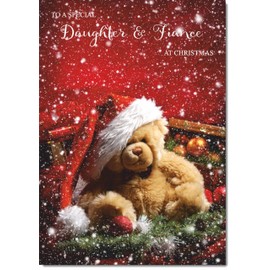 doodlecards Daughter and Fiance Christmas Card Bear with Santa Hat Medium Size Christmas Card for Daughter & Fiance with Plain Envelope