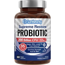 Surebounty Probiotic for Men & Women, 200 Billion CFU 35 Strains, Prebiotics + Digestive Enzymes, Supreme Restore Probiotic Supplement, Upper, Mid, Lower GI Tract Balance, 60 Veggie Capsules, 1 Month